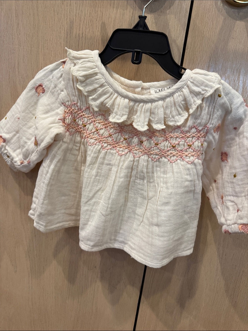 Louise Misha Cream Ruffle Top with Pink Smocking